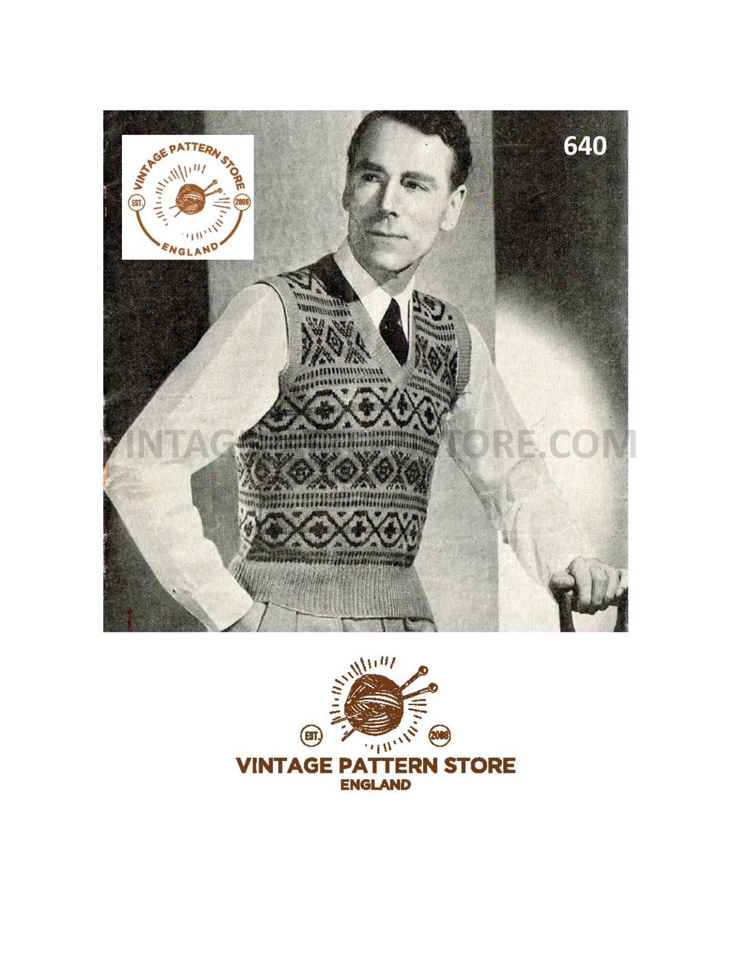 Mens Mans 30s Vintage Ply V Neck Fair Isle Banded Sleeveless