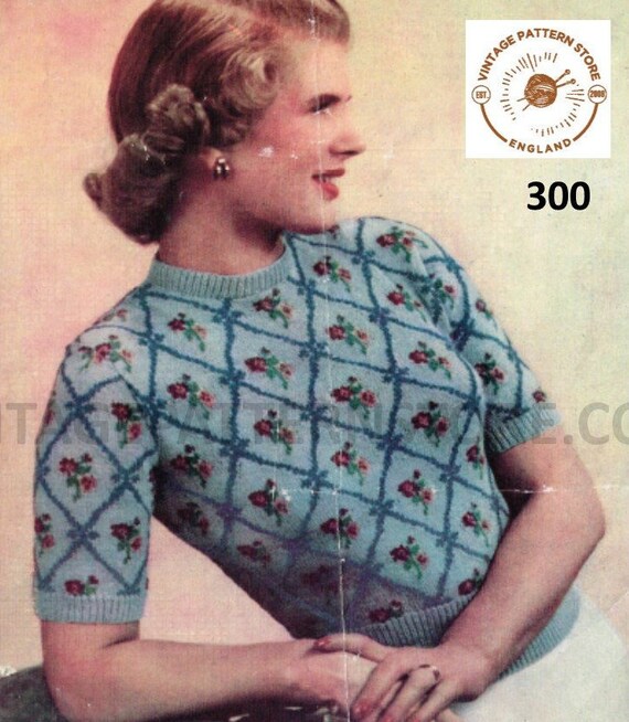 40s Vintage Floral Fair Isle Sweater Knitting Pattern (PDF Pattern