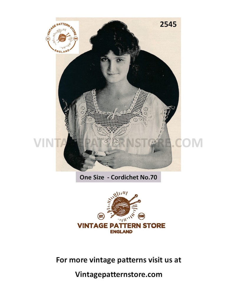 May include: A vintage crochet pattern for a white crocheted top with a lace design. The pattern is called "Cordichet No. 70" and is one size. The pattern is from Vintage Pattern Store, England.