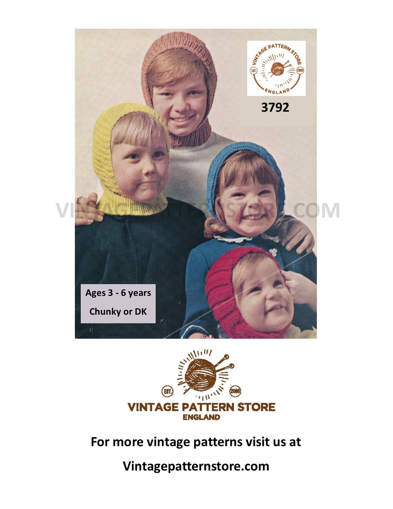 Cagoule enfant adulte T sac chapeau béret casque - Sirdar 9442 - patron de  tricot vintage - PDF