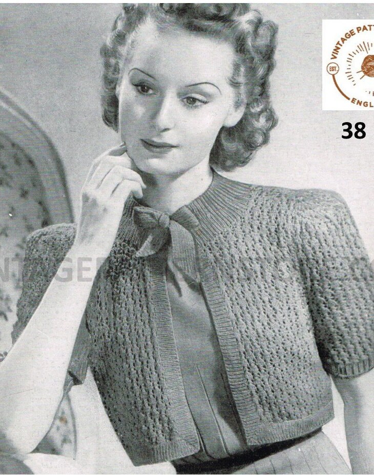 Ladies Womens 40s vintage 3 ply box boxy shoulder ribbon tie bolero ...