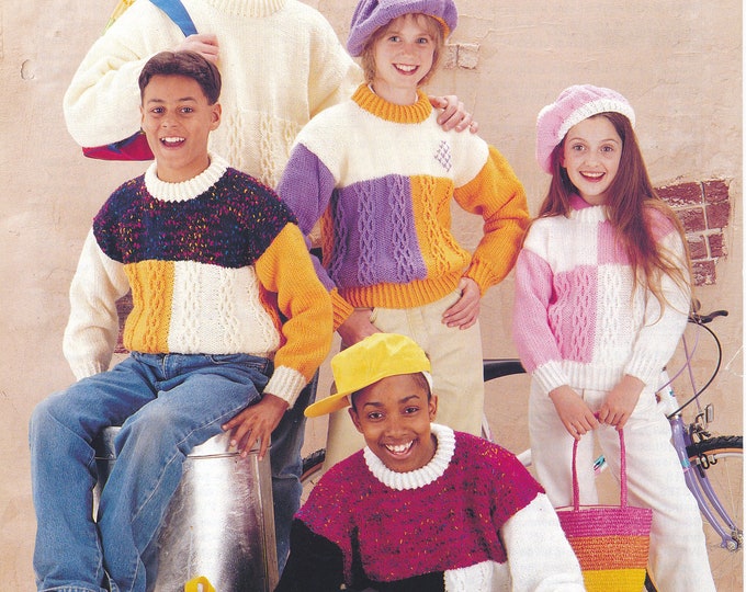 90s cable sweater knitting pattern, colourful geometric colour blocked sweater, Chunky knit sweater - 26" - 40" chest - Jarol 932