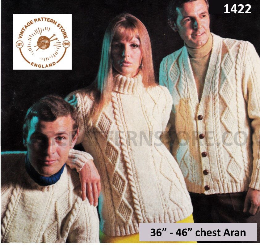 Men/'s Jumper Sweater Ladies Dress 36//46/" Aran Knitting Pattern