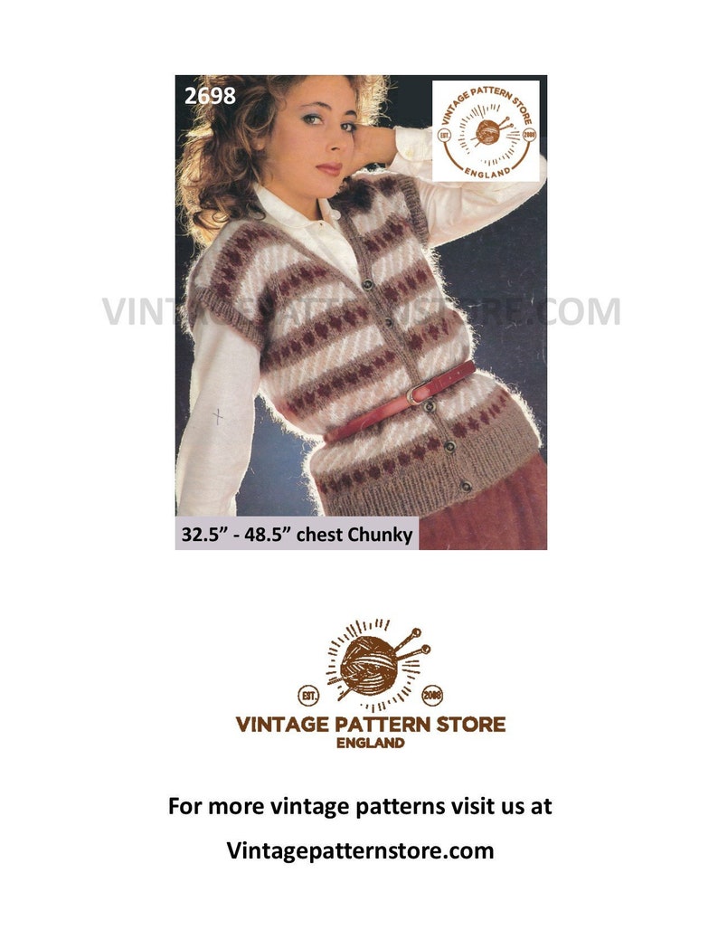 Ladies 80s Waistcoat Knitting Pattern Ladies Fair Isle Waistcoat Patterns Ladies Chunky Waistcoat 32 5 48 5 Bust Pdf Download 2698