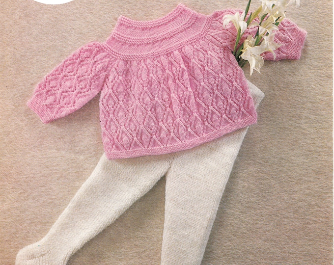 Baby pram set knitting pattern, Baby lacy round neck top & easy knit legginettes pattern, 4 ply baby pattern - 18" - 20" - Peter Pan 200