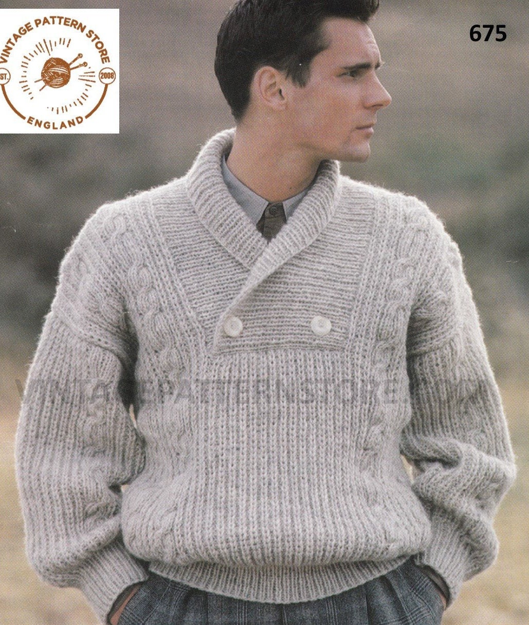 Mens Mans 90s chunky knit shawl collar drop shoulder cable cabled ...