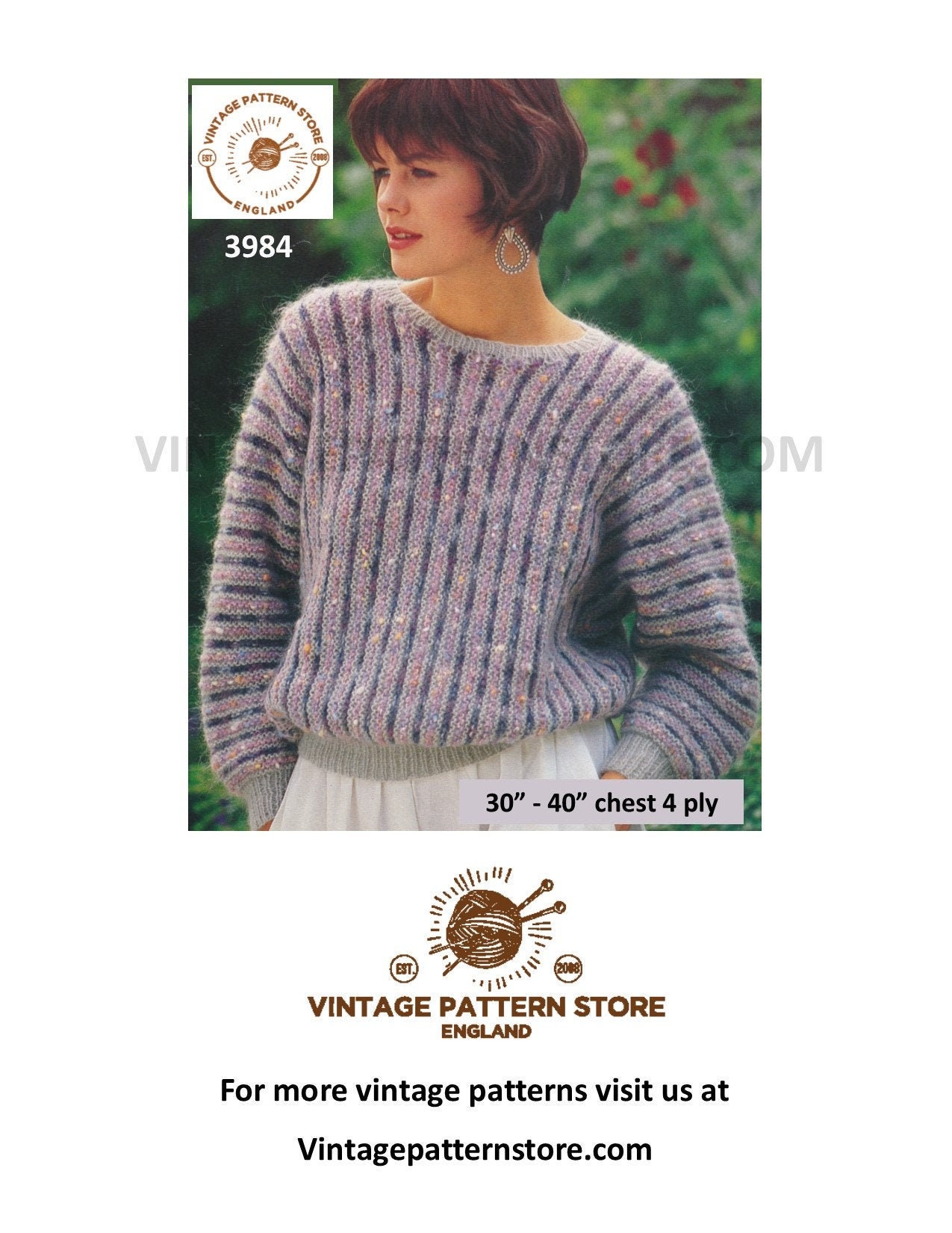 Ladies Womens 90s 4 ply round neck striped drop shoulder dolman sweater