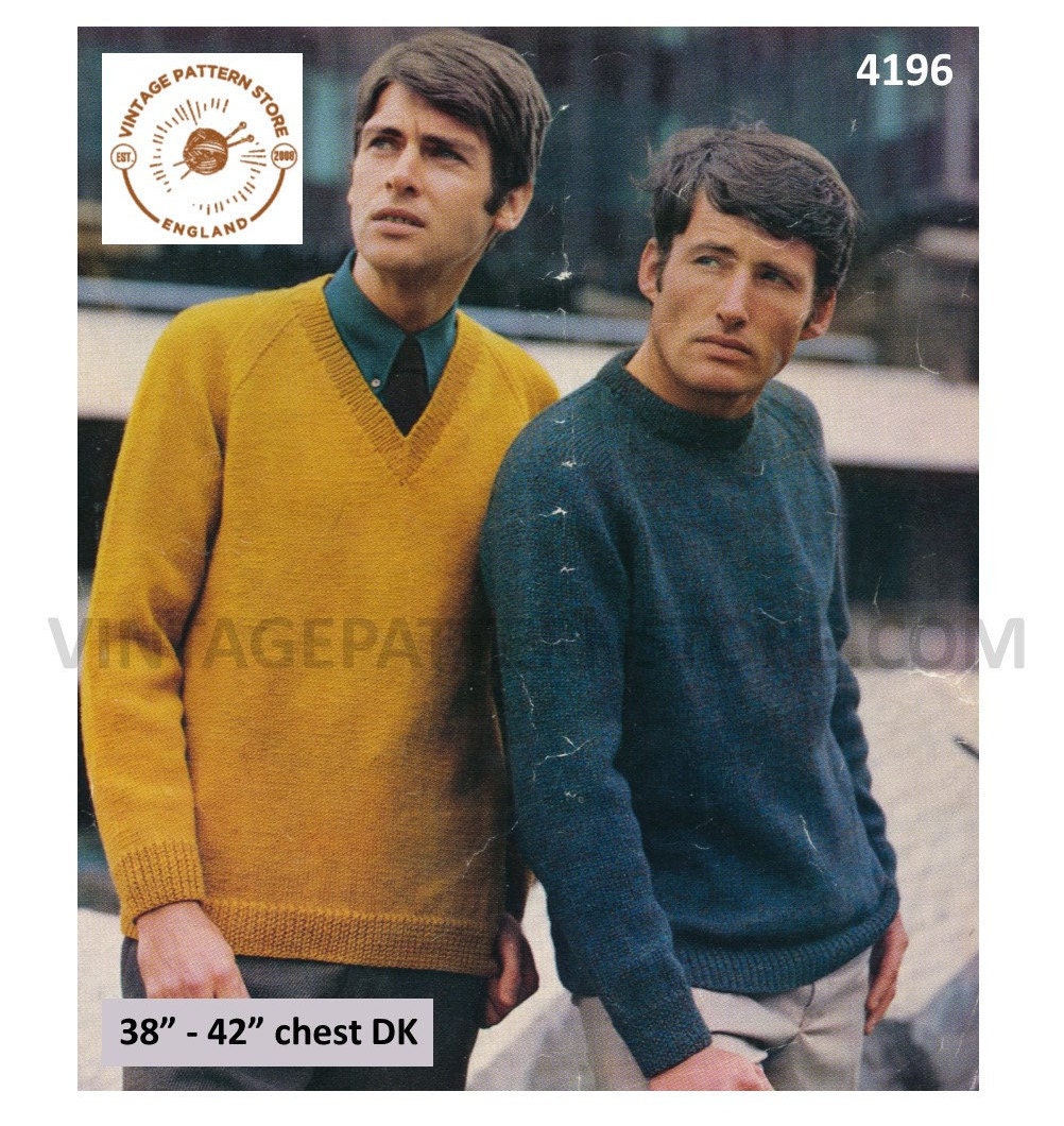 Mens Mans 60s vintage simple and easy to knit V or crew neck DK raglan ...