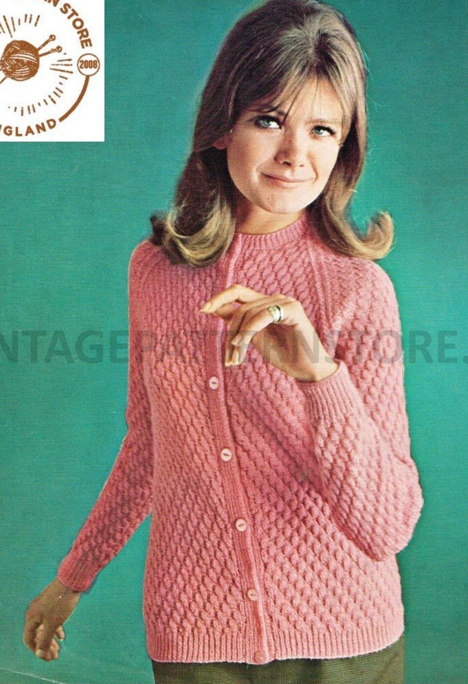 Ladies Womens 70s vintage Chanel style V neck textured raglan DK jacket  cardigan pdf knitting pattern 34 to 38 Chest Instant download 3834