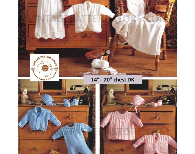 Premature Preemie Baby Babies DK pram set layette 16 items inc matinee coat bonnet dress shawl pdf knitting pattern 14" to 20" Download 2508