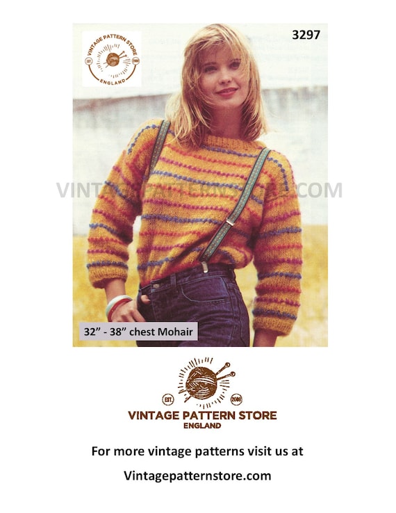 80s Vintage Striped Mohair Sweater Knitting Pattern PDF – Drop