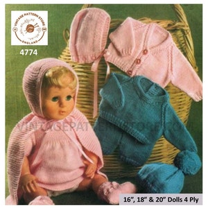 May include: A vintage knitting pattern for a doll's outfit. The pattern includes instructions for a pink dress, a pink cardigan, a pink hat, a blue sweater, and a blue hat. The pattern is for 16", 18", and 20" dolls and uses 4 ply yarn. The pattern number is 4774.