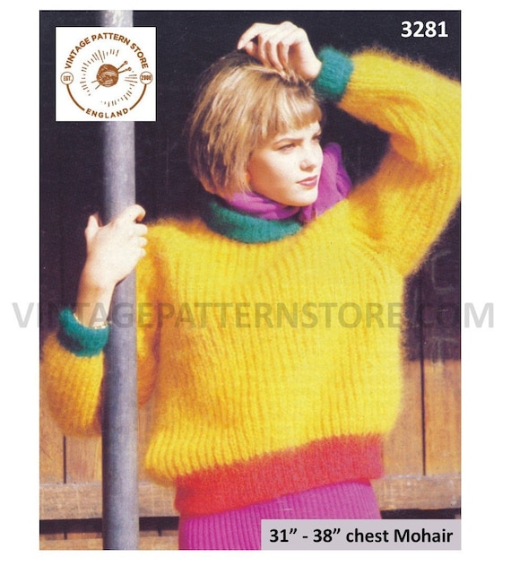 80s Mohair Sweater Knitting Pattern, Ribbed Raglan Sleeves (31-38