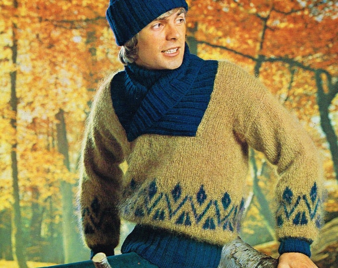 Mens Mans 70s vintage crossover shawl collar fair isle banded mohair & DK sweater jumper hat pdf knitting pattern 38" to 44" Download 192