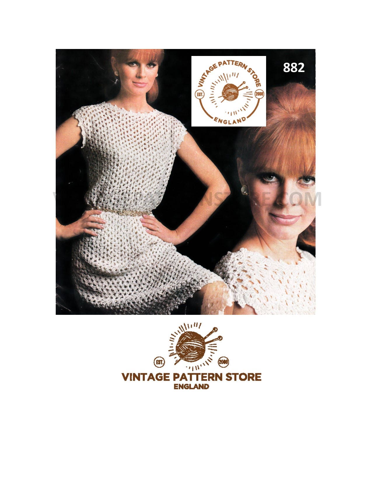 Ladies Womens 60s vintage DK picot lace round neck cap sleeve midi ...