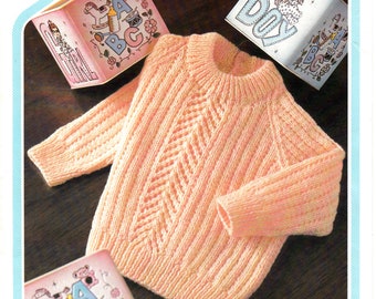 Original Pattern Peter Pan 395 Baby Babies 80s 4 ply crew neck lace panel ribbed raglan sweater jumper knitting pattern 18" to 22" chest