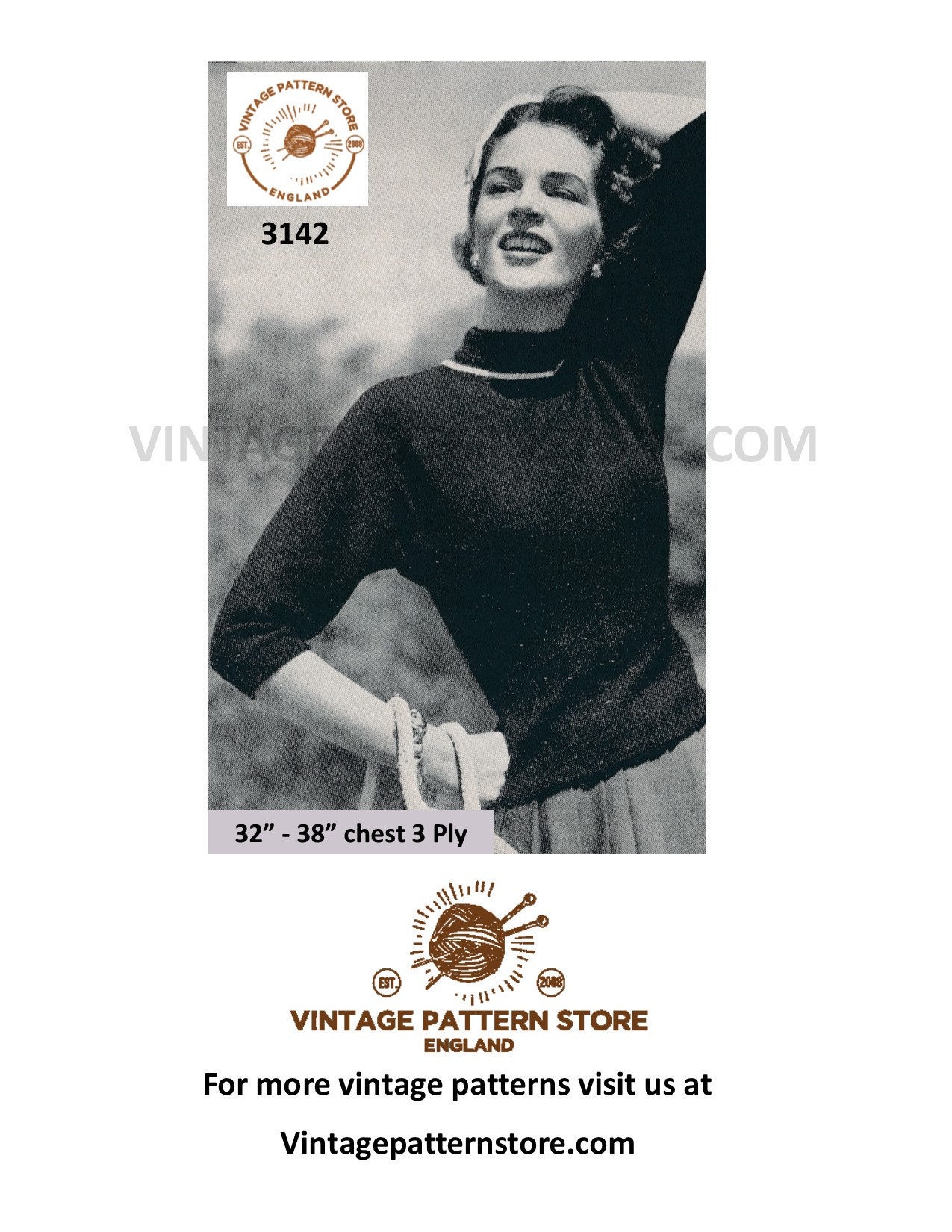 Ladies Womens 50s vintage 3 ply easy to knit slim fit 3/4 sleeve dolman ...