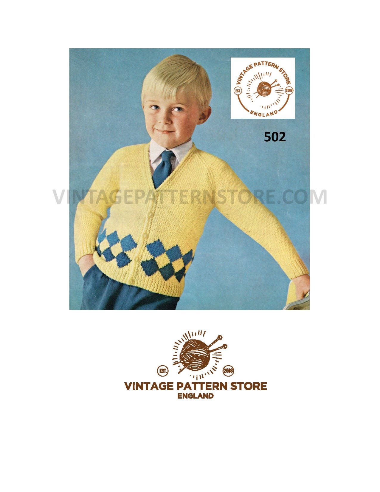 Boys Girls 80s vintage easy to knit diamond intarsia hem V neck raglan ...