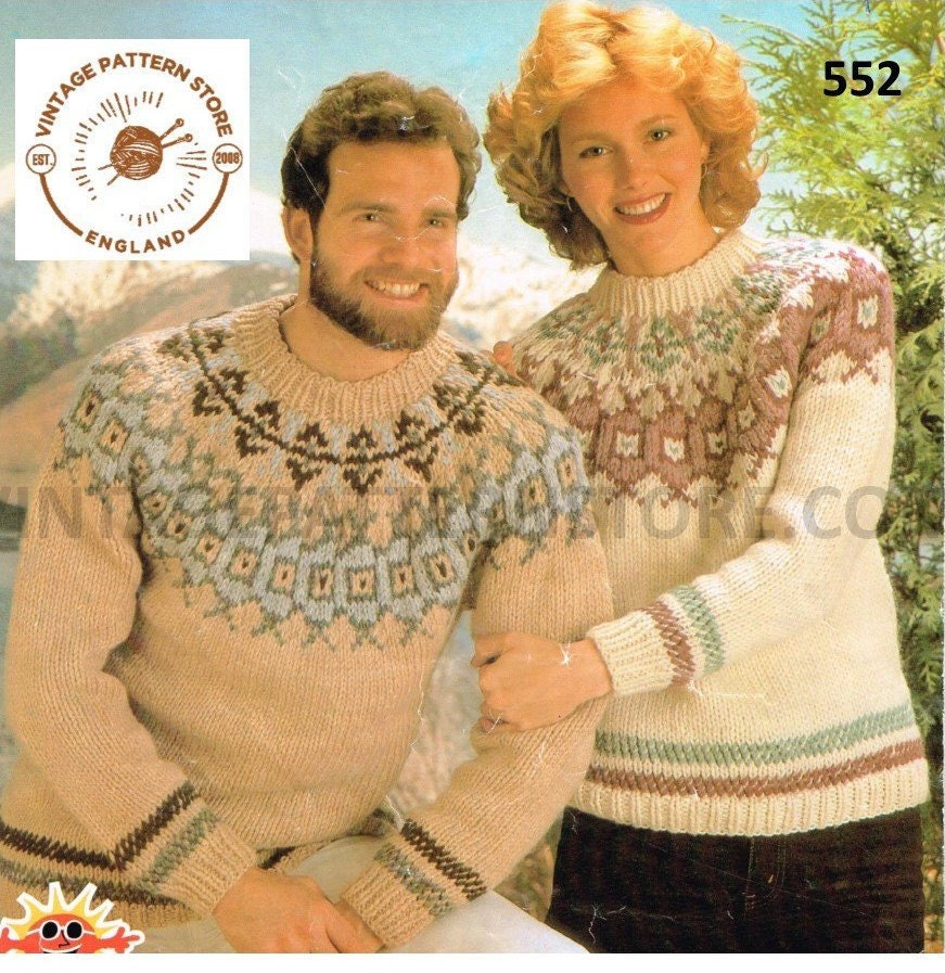 Ladies Womens Mens 90s crew neck fair isle yoke yoked chunky knit ...