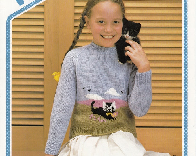 Original Knitting Pattern Wendy 2001 Girls 80s vintage round neck cat kitten intarsia DK raglan sweater jumper pattern 22" to 28" chest