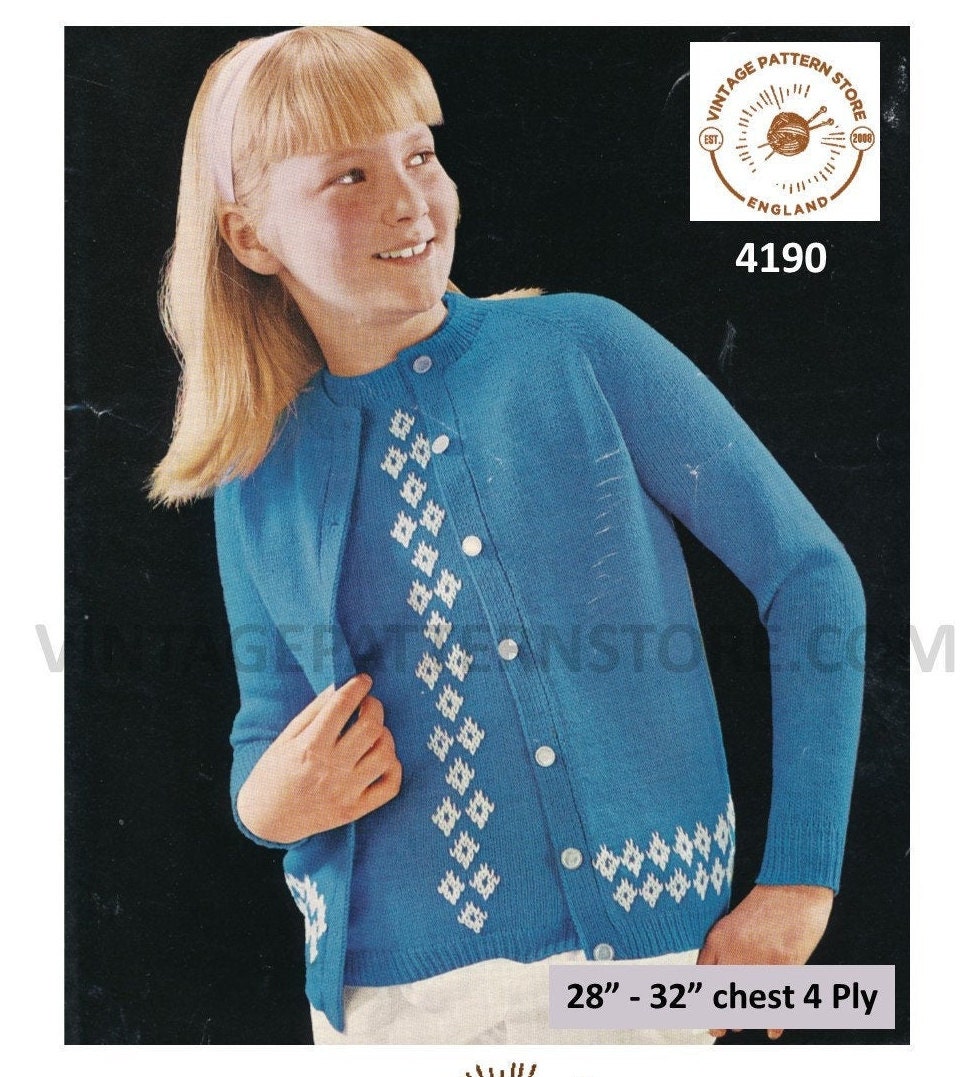 Girls 60s vintage 4 ply twin set round neck embroidered raglan sweater ...