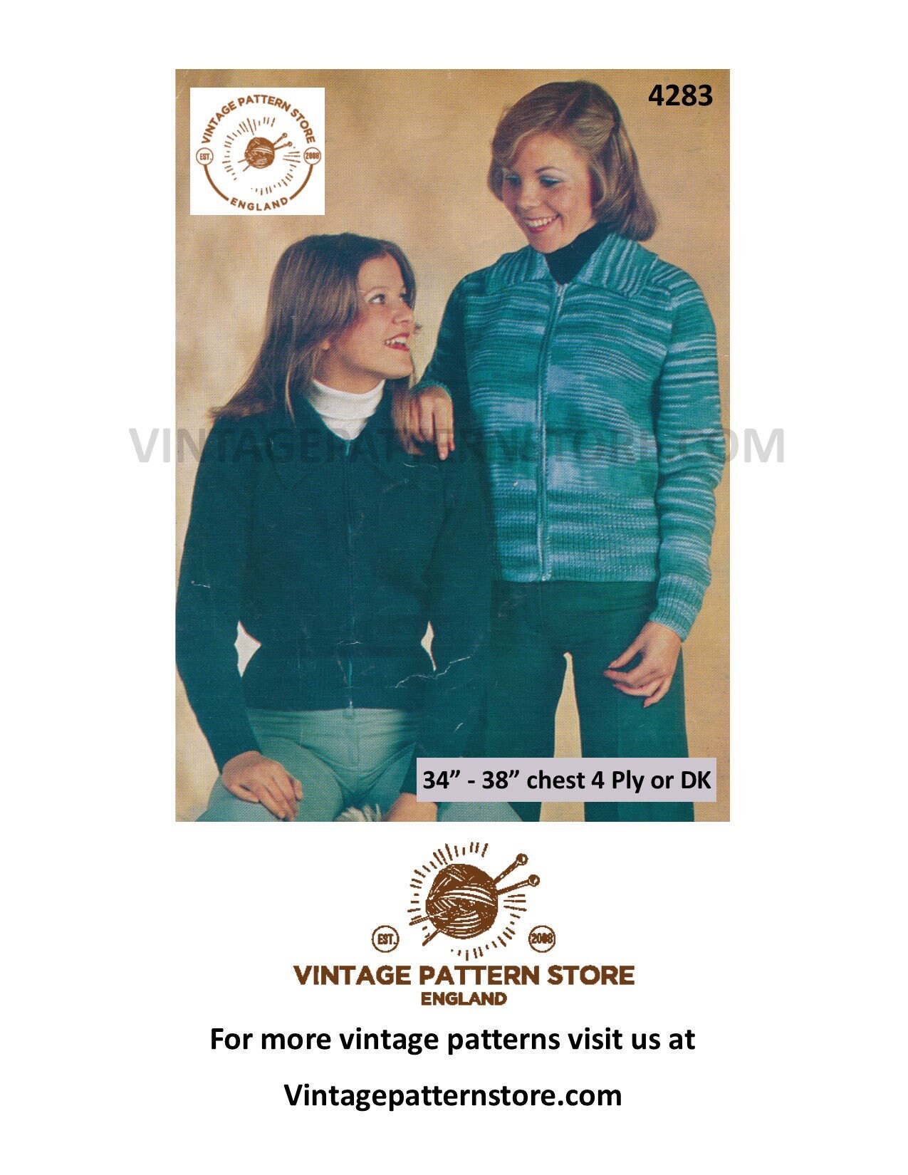 Ladies Womens 70s vintage DK or 4 ply easy to knit V neck collared