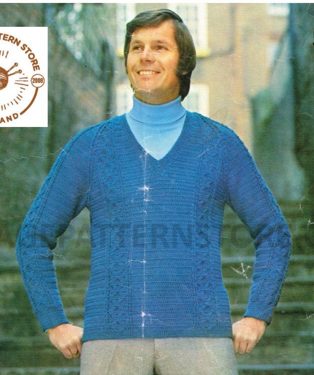 Mens Mans 70s vintage V neck DK cable cabled raglan sweater jumper ...