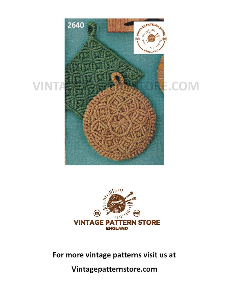 May include: Vintage crochet pattern for two pot holders, one square and one round. The square pot holder is green and the round pot holder is brown. The pattern is from Vintage Pattern Store, England.