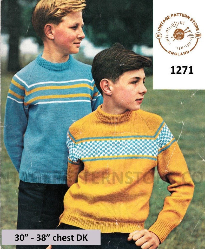 Boys 70s vintage DK crew neck fair isle banded & striped raglan sweater ...
