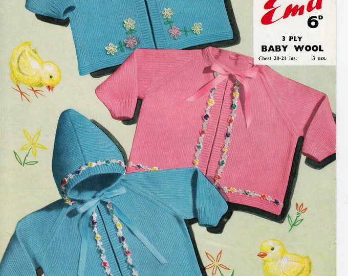 Baby Babies 50s vintage 3 ply embroidered edge raglan matinee coat jacket and hoodie knitting pattern 20" to 21" chest Emu 984