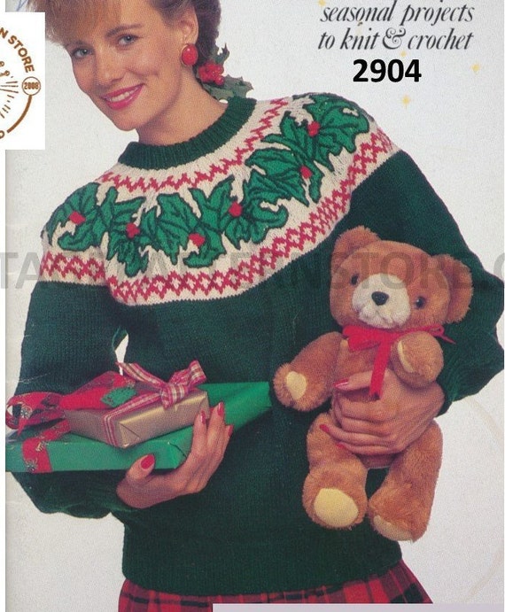 Ladies Womens 80s Crew Neck Christmas Holly Fair Isle Yoke Worsted