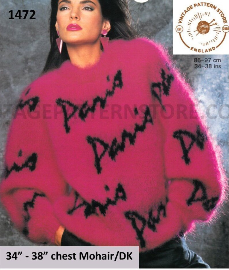 May include: A pink fuzzy sweater with black "Paris" lettering. The sweater is a size 34-38 inches chest and is made of mohair/DK yarn.