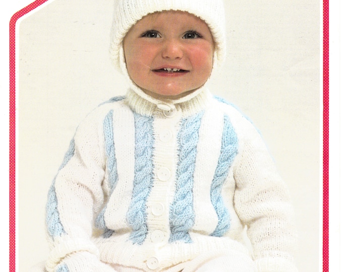 Original Pattern Peter Pan 477 Baby Babies Toddlers 80s DK crew neck cabled raglan jacket hat and mittens knitting pattern 18" to 22" chest