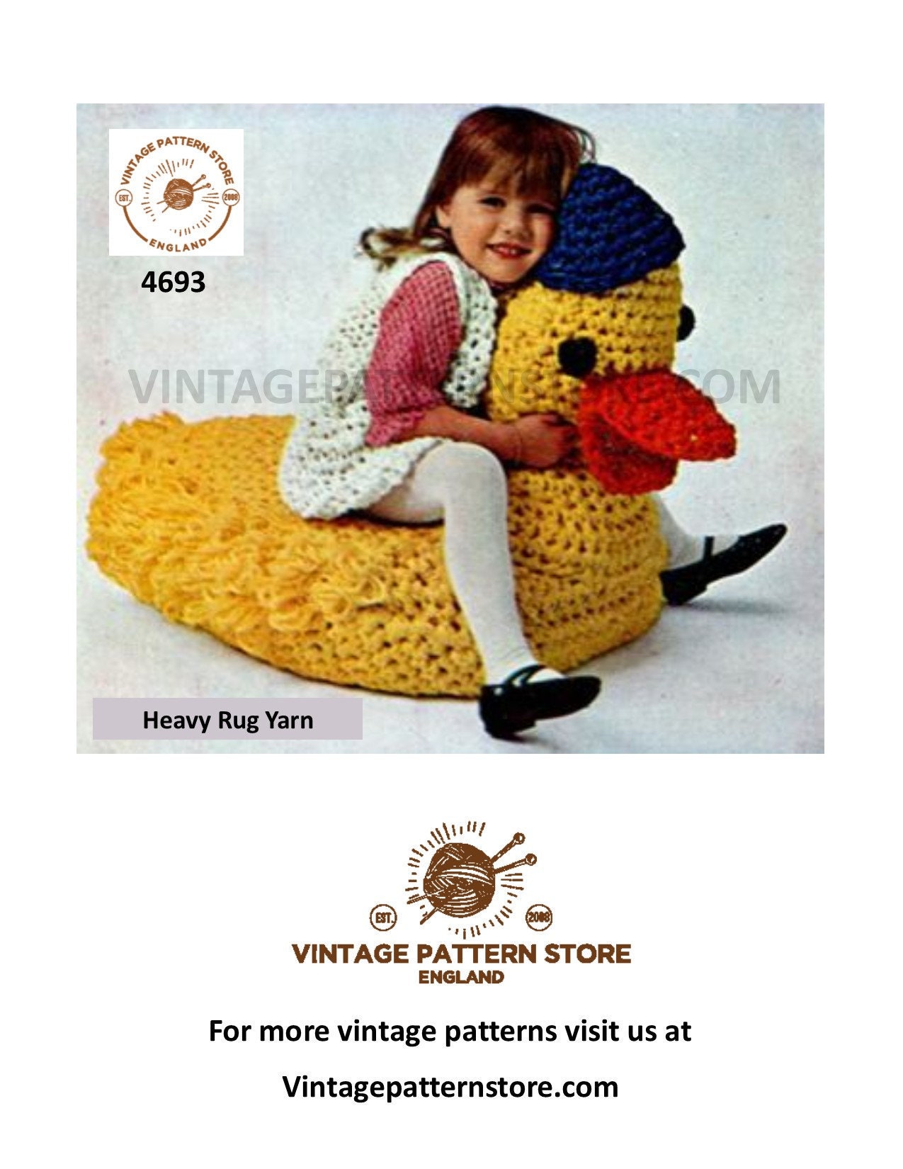 70s vintage retro easy to crochet cuddly toy giant duck bean bag pdf crochet  pattern Size unstated PDF Download 4693