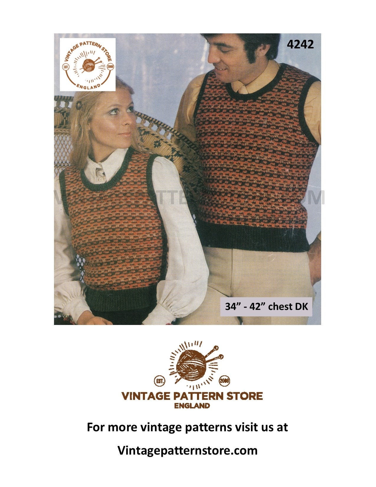 Ladies Womens Mens 70s vintage DK scoop neck fair isle banded slipover sweater  vest pdf knitting pattern 34 to 42 chest PDF Download 4242