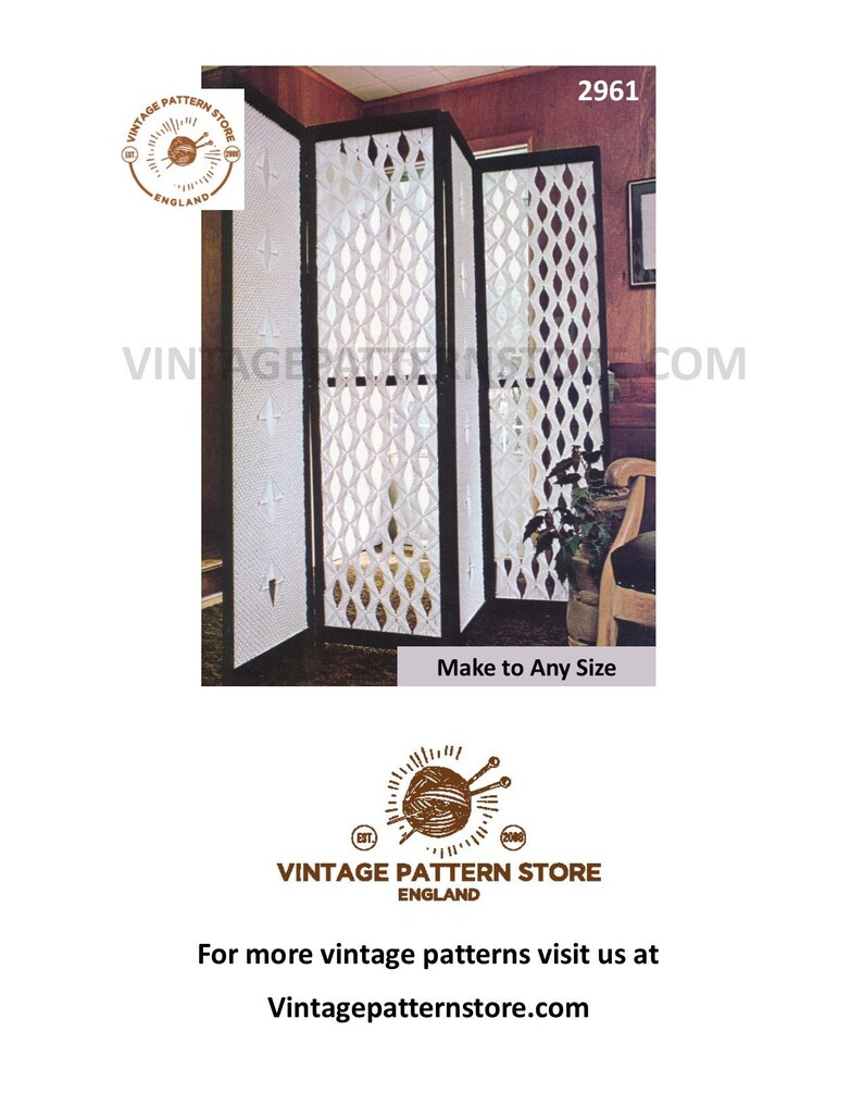 May include: A vintage crochet pattern for a room divider. The pattern is for a three-panel room divider with a diamond-shaped design. The pattern is from Vintage Pattern Store, England. The pattern number is 2961. The pattern can be made to any size.