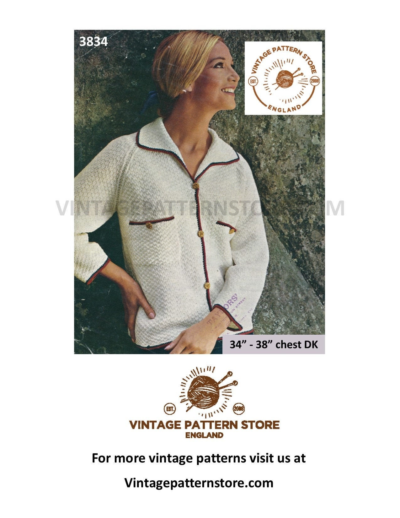 Ladies Womens 70s vintage Chanel style V neck textured raglan DK jacket  cardigan pdf knitting pattern 34 to 38 Chest Instant download 3834