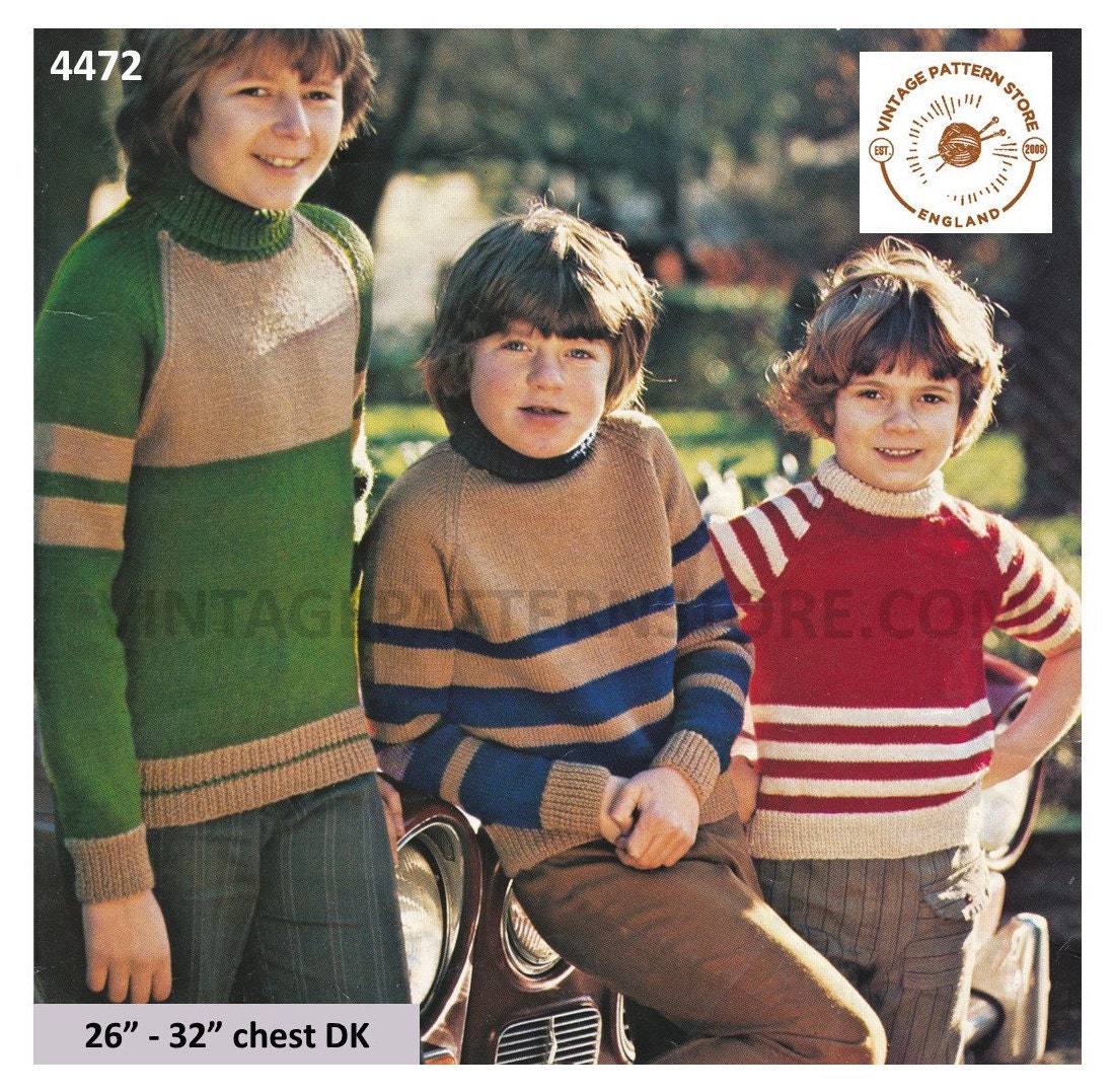 Boys 70s vintage turtleneck crew or polo neck striped raglan DK sweater ...