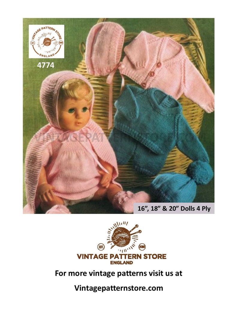 May include: Vintage knitting pattern for a doll's outfit. The pattern is for 16", 18", and 20" dolls and uses 4 ply yarn. The pattern includes a pink cardigan, a pink bonnet, a teal cardigan, and a teal bonnet.