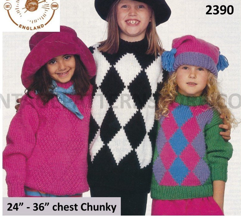 Girls Boys easy to knit diamond intarsia colour blocked geometric
