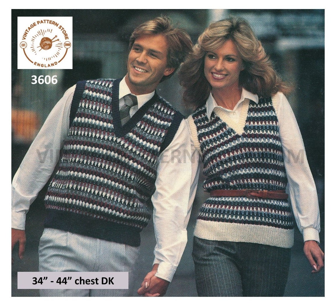 Ladies Womens Mens 80s vintage V neck fair isle DK tank top slipover sleeveless  sweater vest pdf knitting pattern 34 to 44 Download 3606