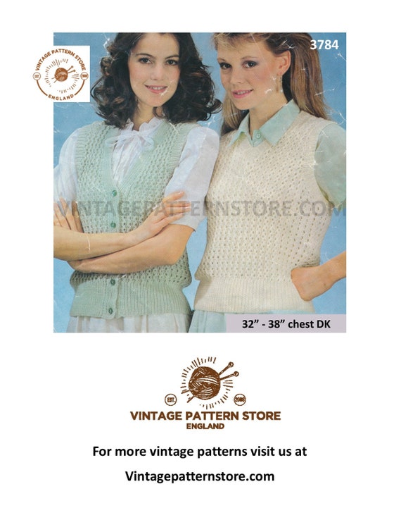 Ladies Womens 80s Vintage Easy to Knit DK Cable Rib V Neck