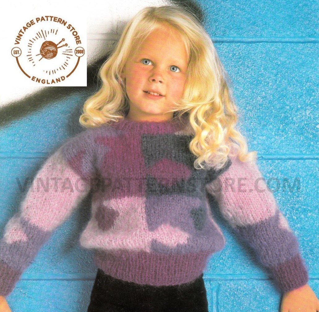 Girls 90s crew neck intarsia colour blocked & bobble trim mohair and DK ...