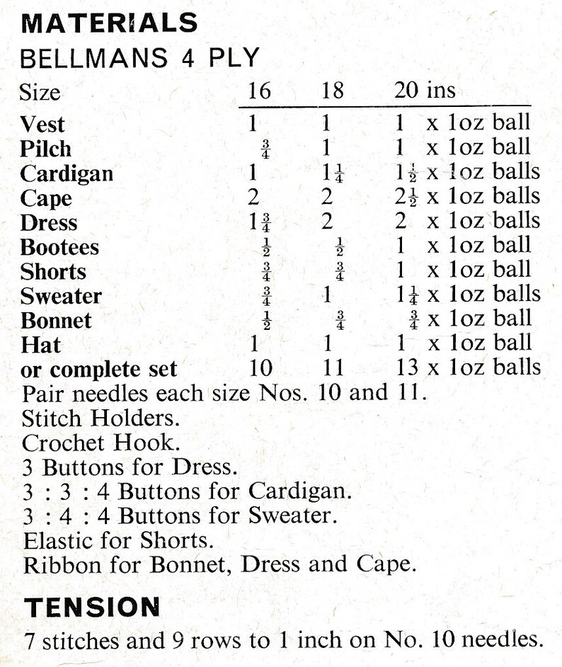 May include: A chart showing the amount of Bellmans 4 Ply yarn needed for different sizes of knitted garments, including a vest, pilch, cardigan, cape, dress, bootees, shorts, sweater, bonnet, and hat. The chart lists the yarn requirements in ounces for sizes 16, 18, and 20 inches.