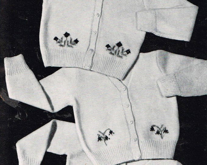 Girls Toddlers 50s vintage 3 ply V neck floral intarsia motif raglan cardigan pdf knitting pattern 3 designs to knit 23" to 25" Download 105