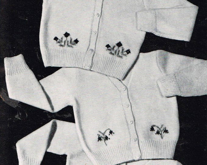 Girls Toddlers 50s vintage 3 ply V neck floral intarsia motif raglan cardigan pdf knitting pattern 3 designs to knit 23" to 25" Download 105