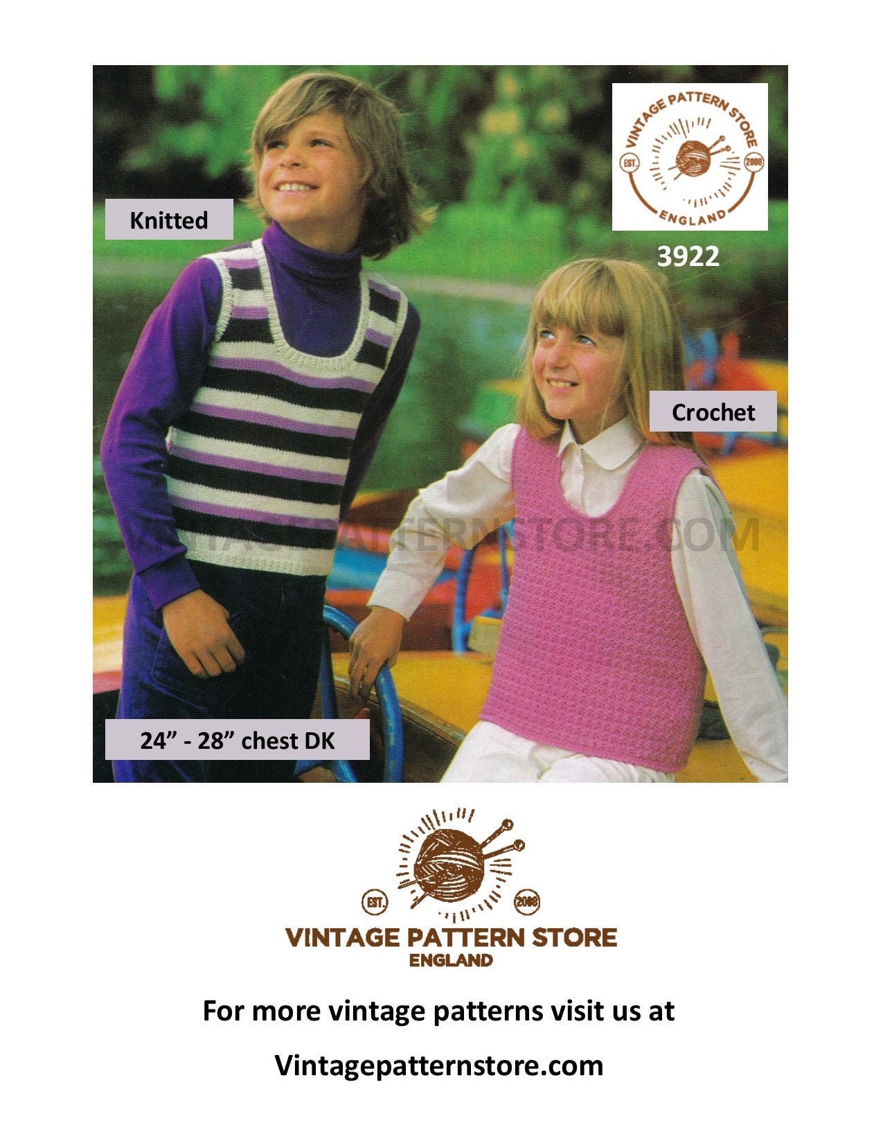 Boys Girls 70s vintage DK scoop neck striped top pdf knitting pattern & textured top crochet pattern 24 to 28 PDF download 3922