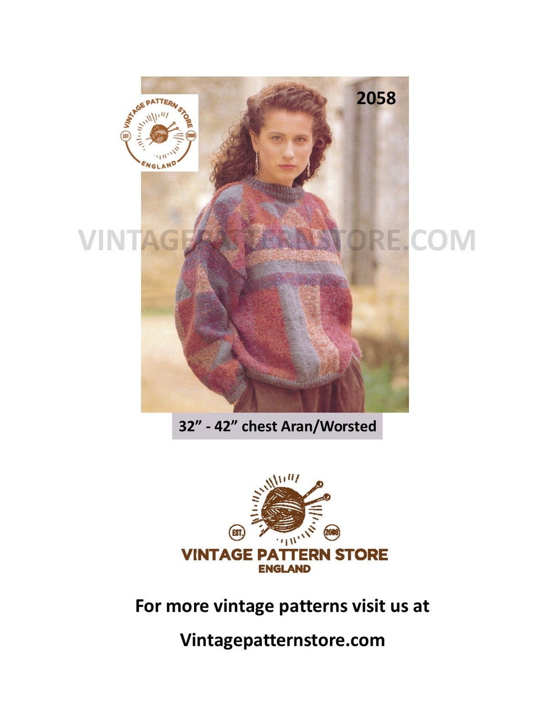 90s Geometric Aran Sweater Knitting Pattern, Dolman Sleeve (PDF