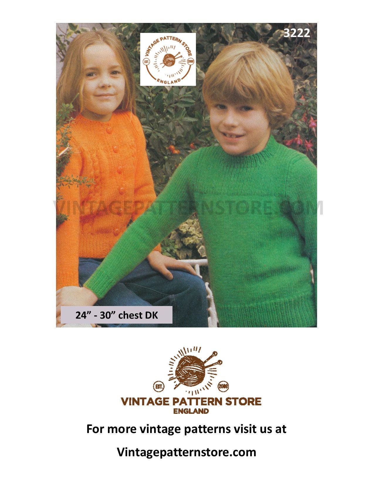 Boys Girls 70s easy to knit DK round neck cable panel cabled cardigan ...
