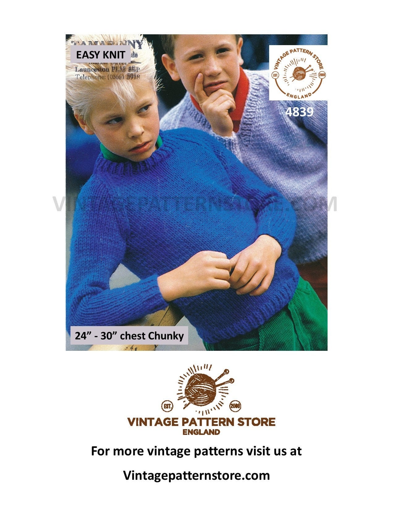 Boys 90s chunky quick simple and easy to knit V or round neck raglan ...
